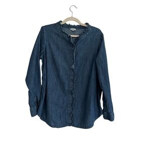 Talbots Denim Ruffle Neck Button Up Shirt Plus Size X